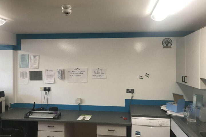 Magnetic whiteboard wall for teachers lounge