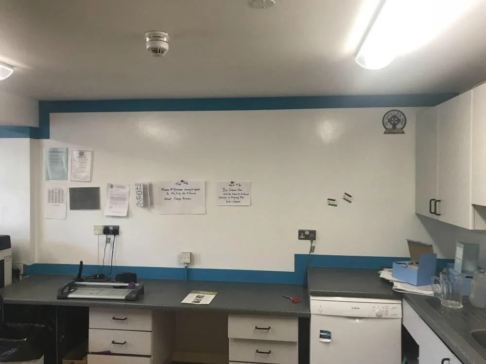 Magnetic whiteboard wall for teachers lounge