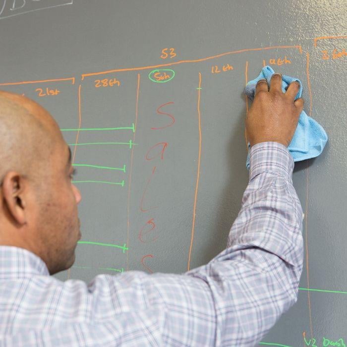 Man wiping marker off the dry-erase paint for walls