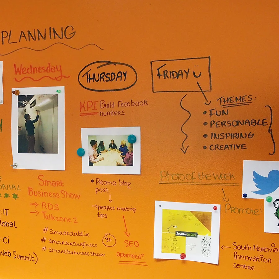 Magnetic whiteboard paint clear wall used in meeting.