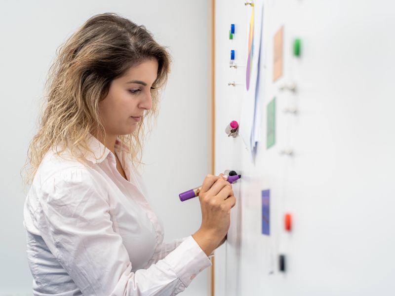 Team member using Magnetic Gray Paint and Whiteboard Paint applied to wall to deliver sales presentation